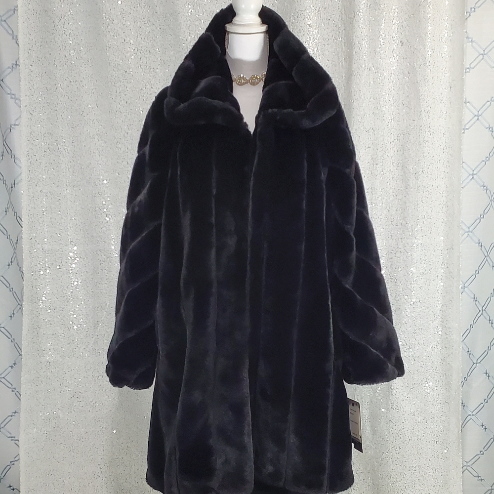 Jones New York Stand Collar Faux Fur Coat Black